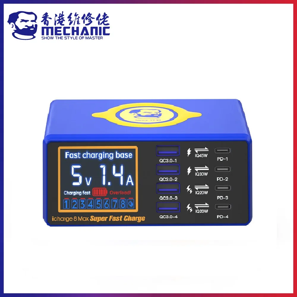 

MECHANIC iCharge 8 Max 110W 8 Ports PD45W Wired Charger 15W Wireless Fast Charge LCD Digital Display QC3.0 Mobile Phone Charging