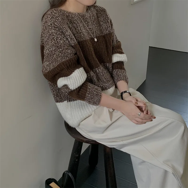 FINEWORDS Vintage Easymatch Winter Striped Knitted Sweater Women Loose Streetwear Pullover Korean Long Sleeve Casual Jumper