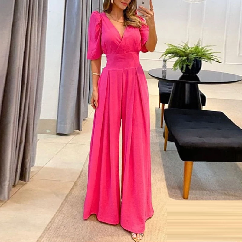 

Office Sexy Deep V-neck Long Jumpsuits Women Casual Half Sleeve Solid Party Romper Elegant Hight Waist Loose Playsuits Overalls