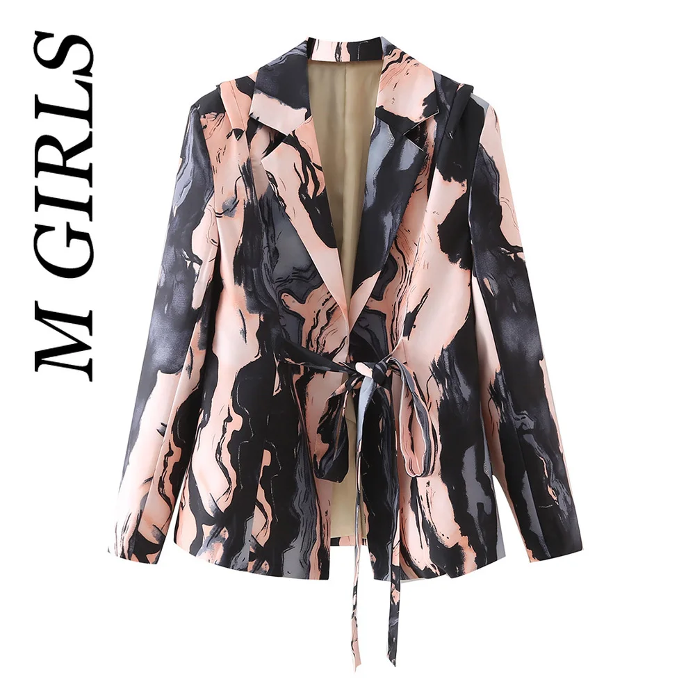 

M GIRLS Women Fashion With Tied Printed Open Blazer Coat Vintage Long Sleeve Female Outerwear Chic Veste Femme