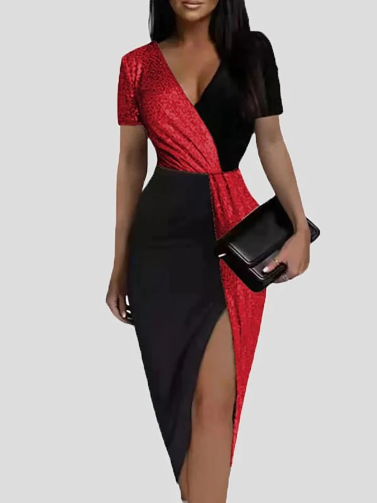 

Elegant Contrast Color Splicing Mid Dress Women Sexy V-neck Split Drape Party Dress Summer Casual Short Sleeve Commuter Dresses