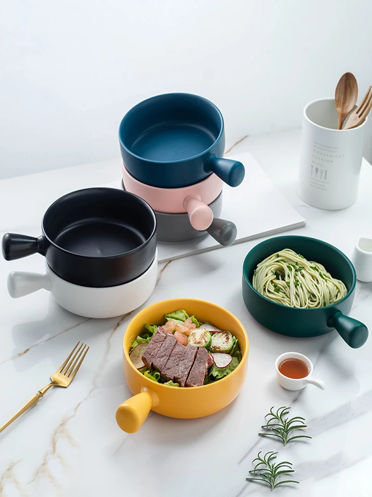 

Baked Rice Bowl Nordic Style Baking Bowl with Handle Pasta Plate Simple Household Tableware Noodle Ramen Soup Salad Mixing Bowls