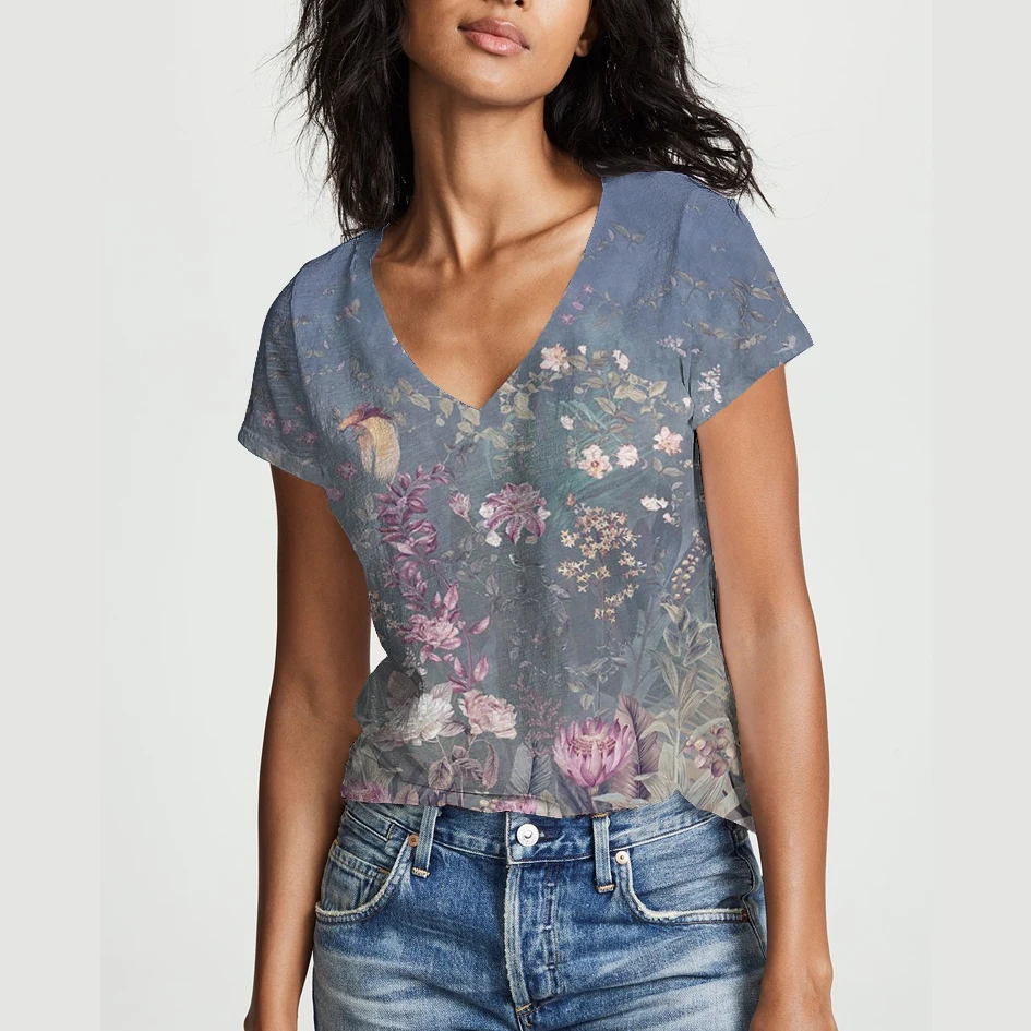 

T-shirt summer V-neck womens y2k, 3D print T-shirt, T-shirt elegant goddess floral Street