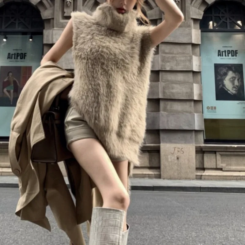 Норковый кашемировый свободный свитер без рукавов с высоким воротником женский