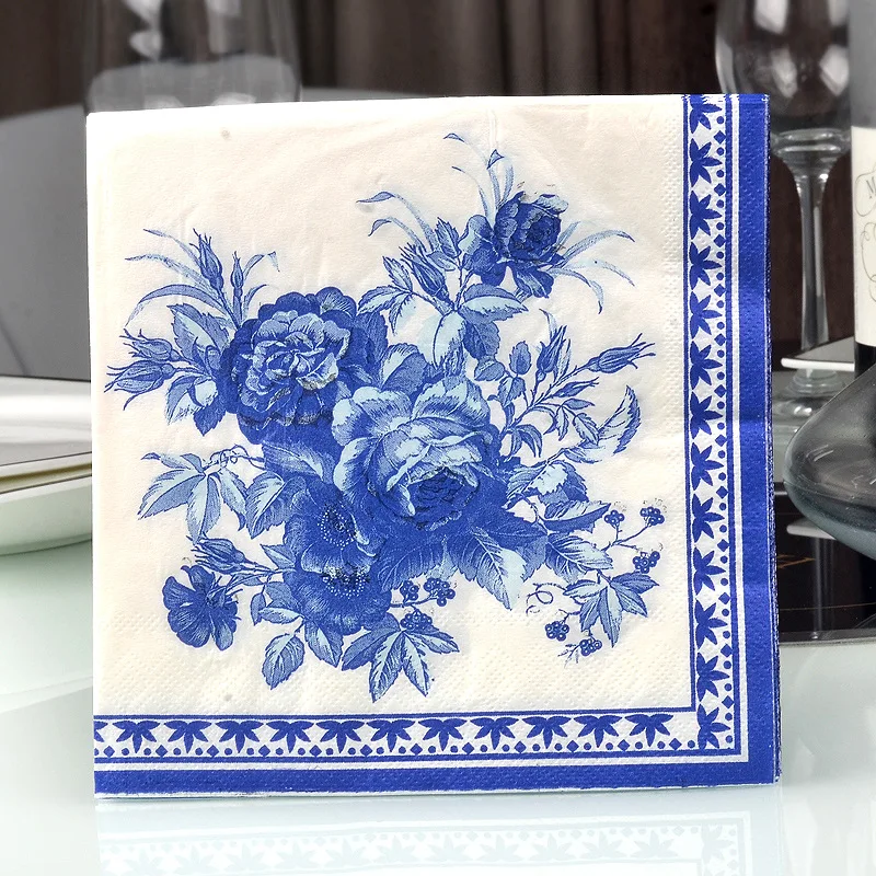 

100pcs/set Blue Gardenia Flowers Paper Napkins 33cm*33cm 2-Ply Cocktail Napkins Disposable Paper Towels for Tea Party, Birthday