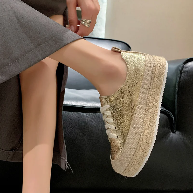 Women Sneakers Woven Gold Sequins Single Shoes Round Head Lace-Up Retro Platform Flats Shoes Light Cozy Walking Vulcanized Shoes