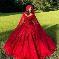 red quinceanera dresses with cloak wrap cape flowers sweetheart lace up corset princess dress vestidos de quincea%c3%b1era