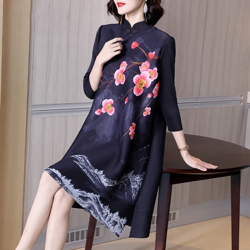 

Vintage Printed Red Dress Spring Dress 2022 New Foreign Style Aging Mother Dress Pleated Large Women's Dress