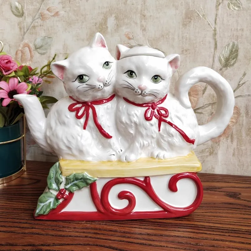 

Christmas Ceramic Sculpture Couple Cat Teapot Coffee Pot Valentine's Day Present Wedding Gifts Crafts Room Decoration Figurine