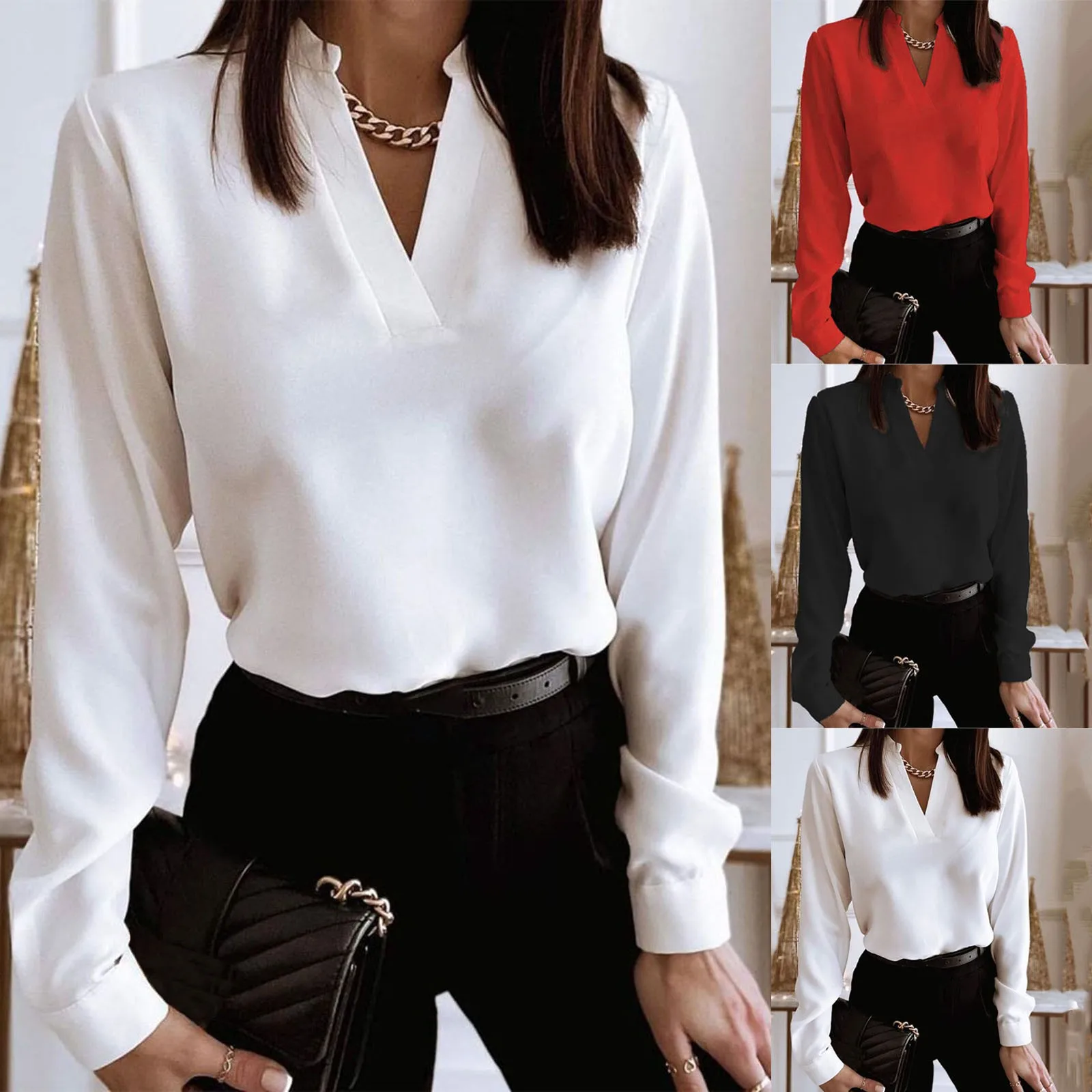 Рубашка женская с V-образным вырезом, пикантный Повседневный Свободный пуловер, Офисная белая блузка с длинным рукавом, топ, черный наряд, на...