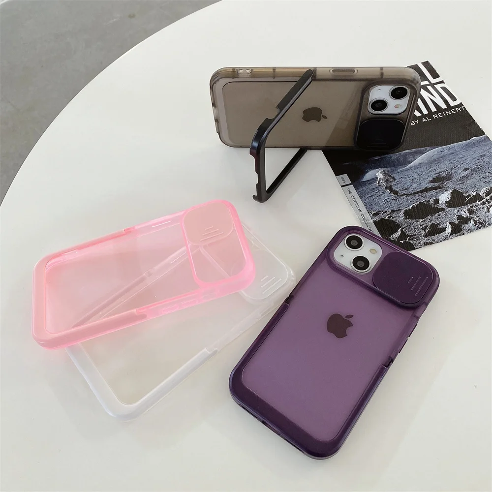 

USLION Transparent Soft TPU Slide Camera Phone Cover For iPhone 14 13 12 11 Pro Max Hard PC Stand Holder Phone Protection Case