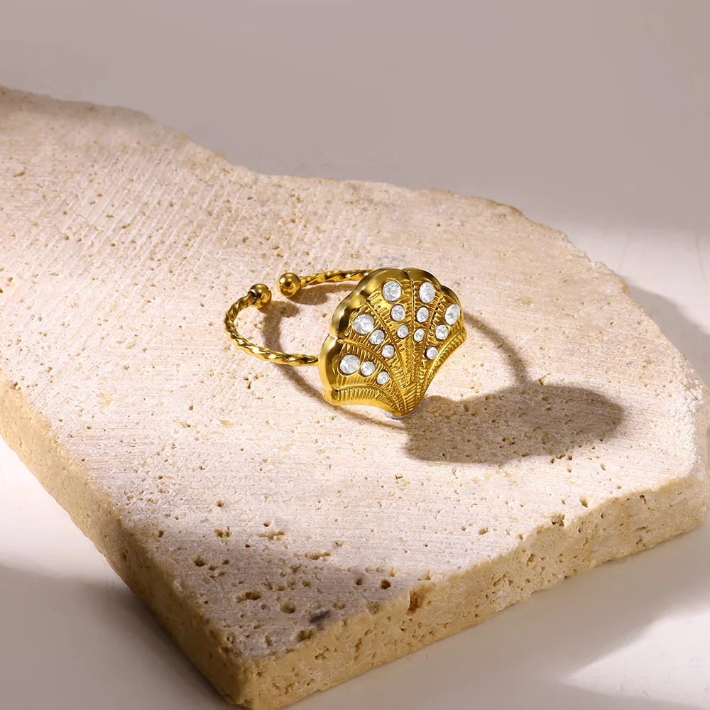 Delikatny pierścionek z cyrkonią dla kobiet złoty kolor muszla ze stali nierdzewnej otwarte pierścionki Vintage ślub para biżuteria akcesoria