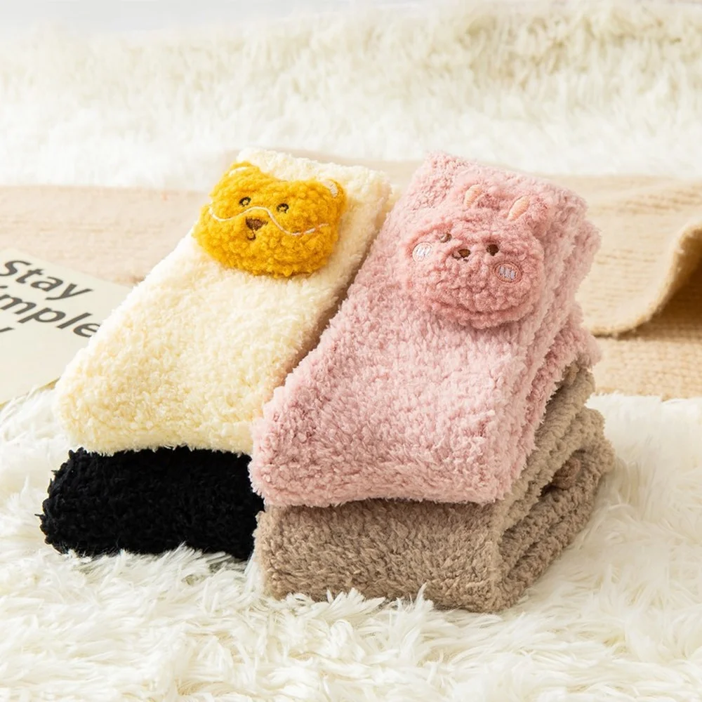 7 Pairs 2022 New Winter Cute Harajuku Doll Coral Fleece Socks Three-dimensional Cartoon Cat Dog Bear Ladies Sleep Floor Socks