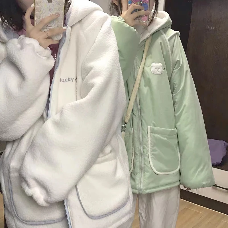 Women Winter Jacket Sweet Hooded Both-sides Wearable Cotton Coats Cashmere Warm Deep Pocket zipper Outerweat Baseball Uniform