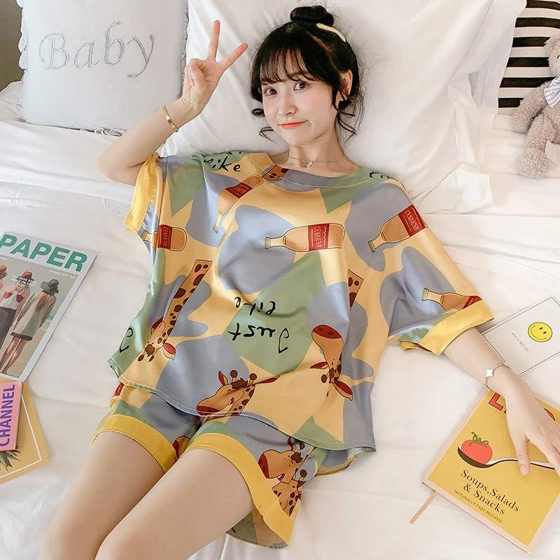 Womens Silk Satin Pajamas Pyjamas Set short Sleeve Sleepwear Pijama Pajamas Suit Female Sleep Two Piece Set Loungewear