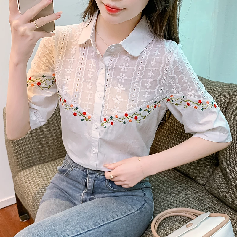 

Chiffon Women's Shirts Summer 2023 New Flower Casual Blouses Polo-neck Ladies Clothing Loose FASHION Embroidery Tops