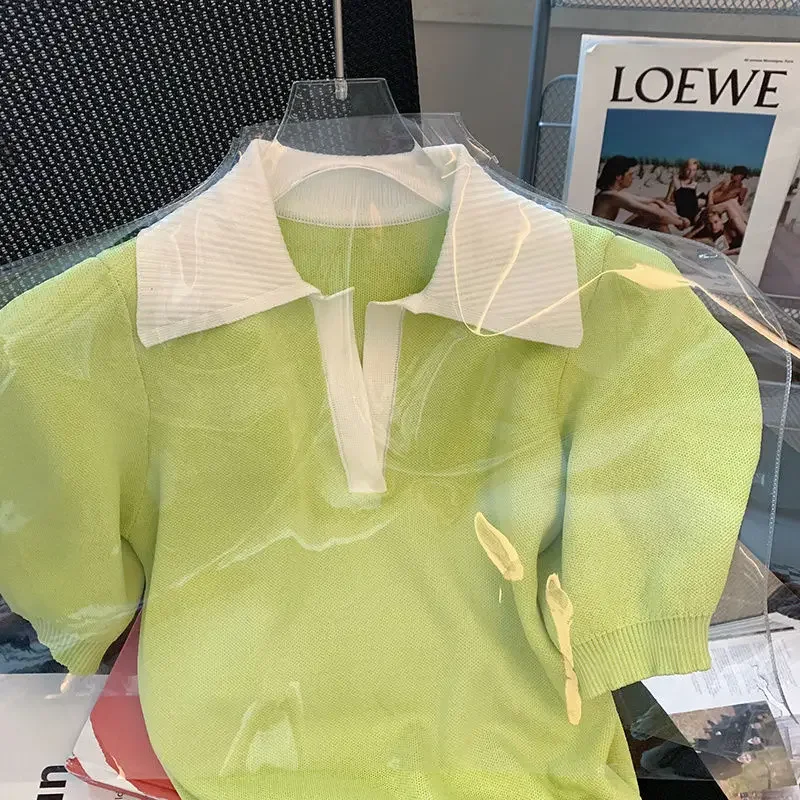Лето 2023 новый стиль вязаный женский топ с воротником-поло твидовый дизайн