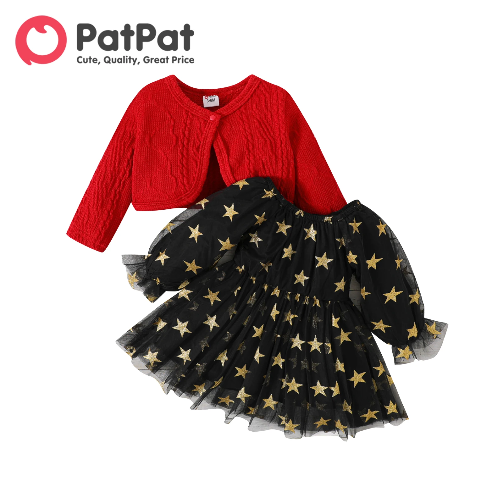 

PatPat Christmas 2pcs Baby Girl Allover Glitter Stars Print Long-sleeve Mesh Dress and Solid Textured Cardigan Set