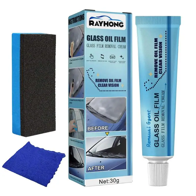 Car Window Cleaning Paste Glass Oil Film Polish Paste With Sponge Towel Universal Car Glass Polishing Degreaser Oil Film Cleaner