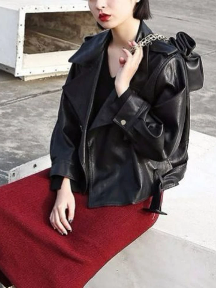 2022 Summer Korean Leather Jacket Women Turndown Collar Chic PU Biker Jacket Female Outerwear Loose Streetwear Fashion Moto Coat