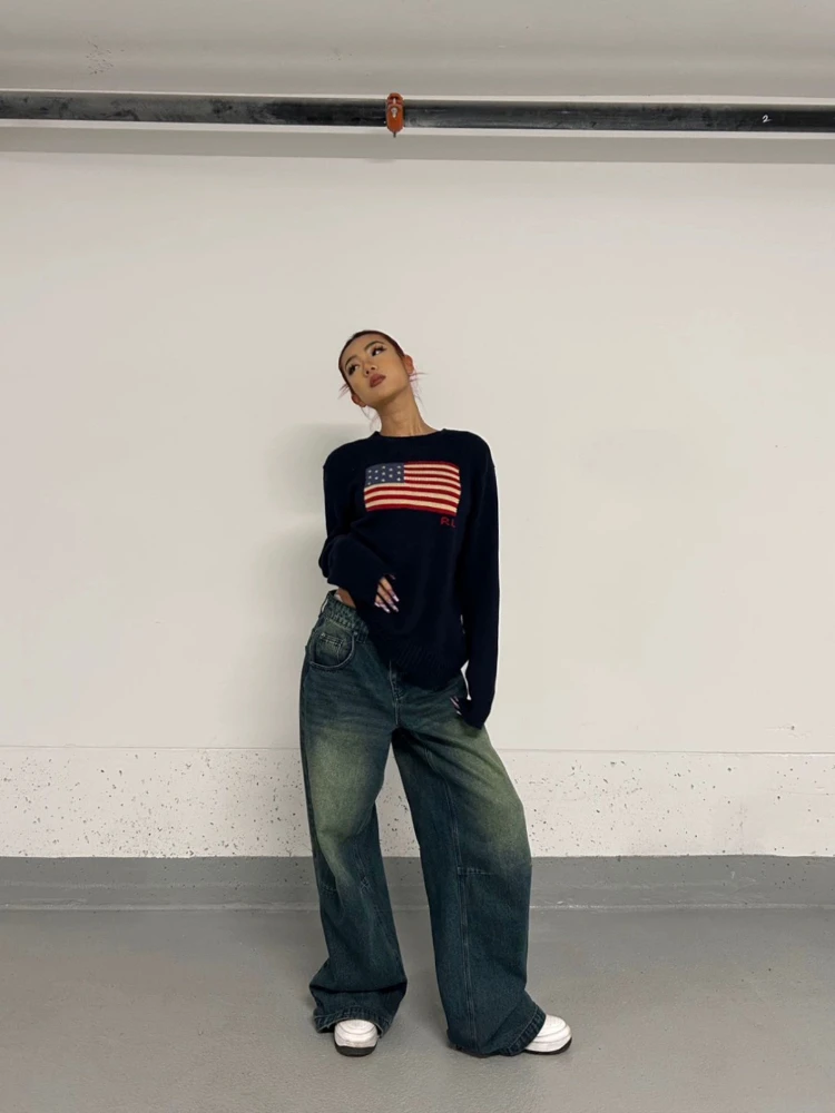 ADAgirl Blue American Retro Jeans Women 90s Streetwear Baggy Straight Wide Leg Denim Trousers Harajuku Vintage High Waist Pants