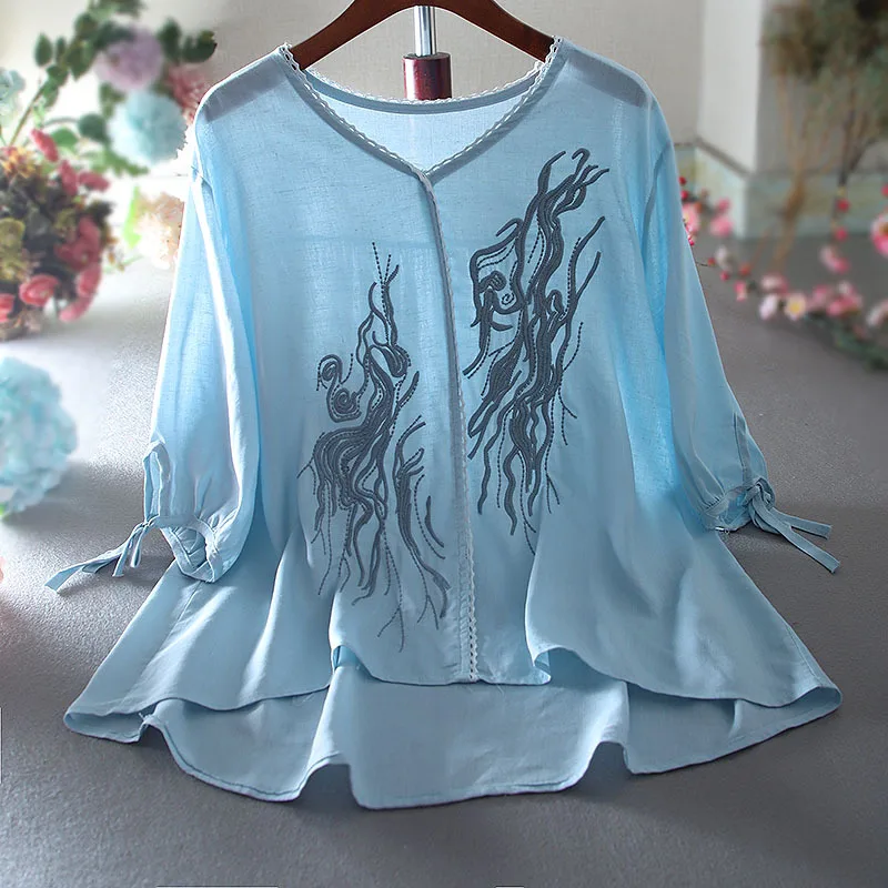 

SuperAen 2022 Retro Casual Cotton and Linen Slim Embroidery Flower Printing Three Quarter Shirt Blouse Womens Tops