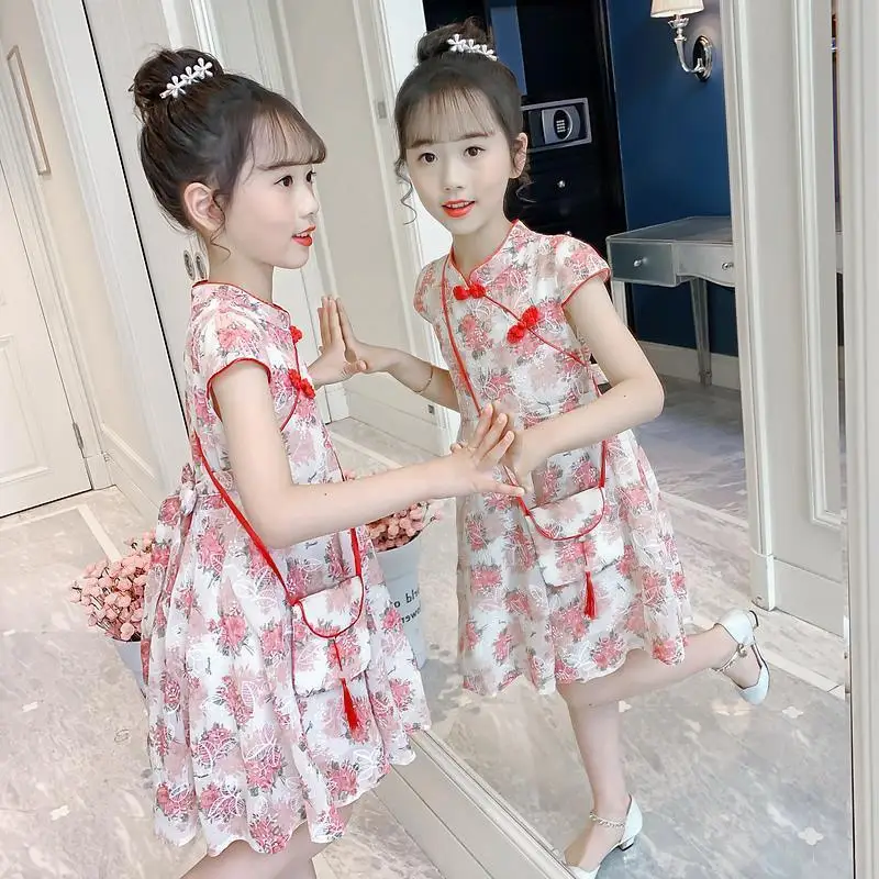 

Платье Ципао для девочек; Летнее платье в китайском стиле; Детское платье принцессы ханьфу в стиле ретро со стоячим воротником; Детское плат...