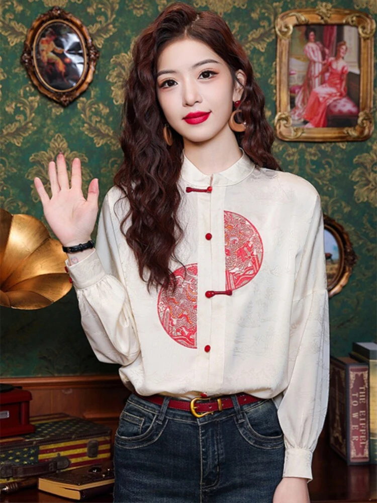  Китайские атласные рубашки с воротником-стойкой из имитации шелковой ткани