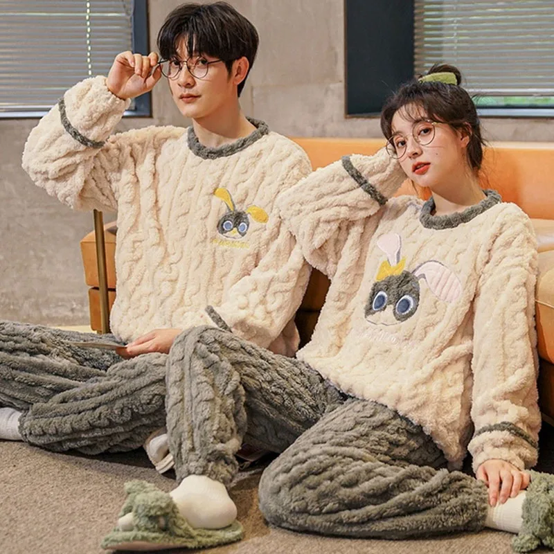 QUHENG Pajamas Set for Women Man Winter Long Sleeve Couple Thick Warm Flannel Pajama Sets for Cartoon Sleepwear Women Clothes