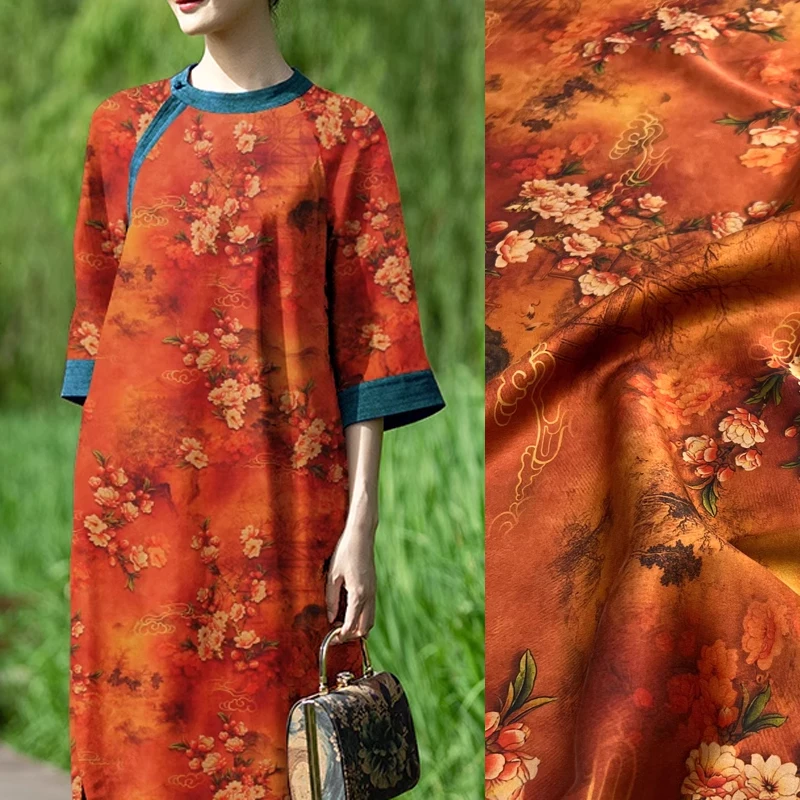 

Elegant 25MM Silk & Spandex Fabric for Dress Cheongsam - Wide 118CM, Floral Print Red Brown Silk Fabric D1256
