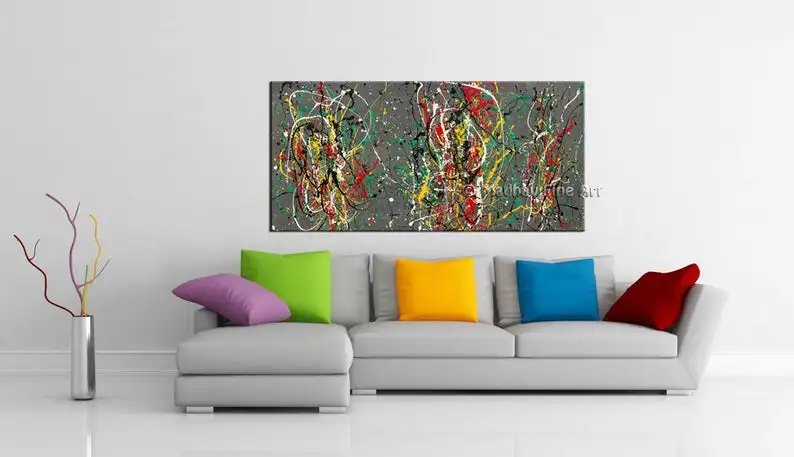 

Jackson Pollock Style Painting, Drip painting, Grey Large painting Pollock Inspired Art Colourful Drip Art, Minimalisticabstract