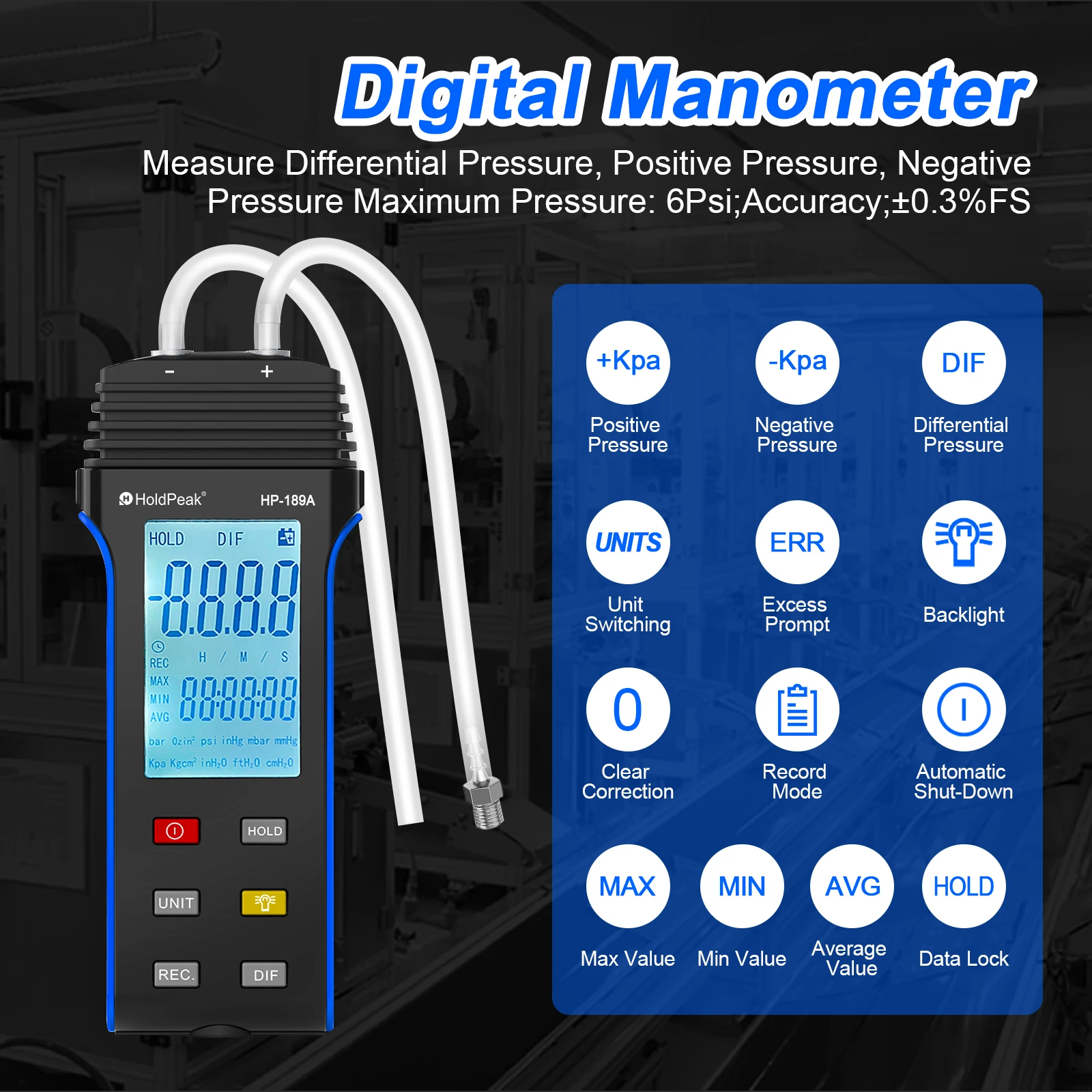 Фото HoldPeak HP-189A Цифровой манометр Многофункциональный манометр Мультигазовая система / четкие считывания / Переключаемые блоки №2