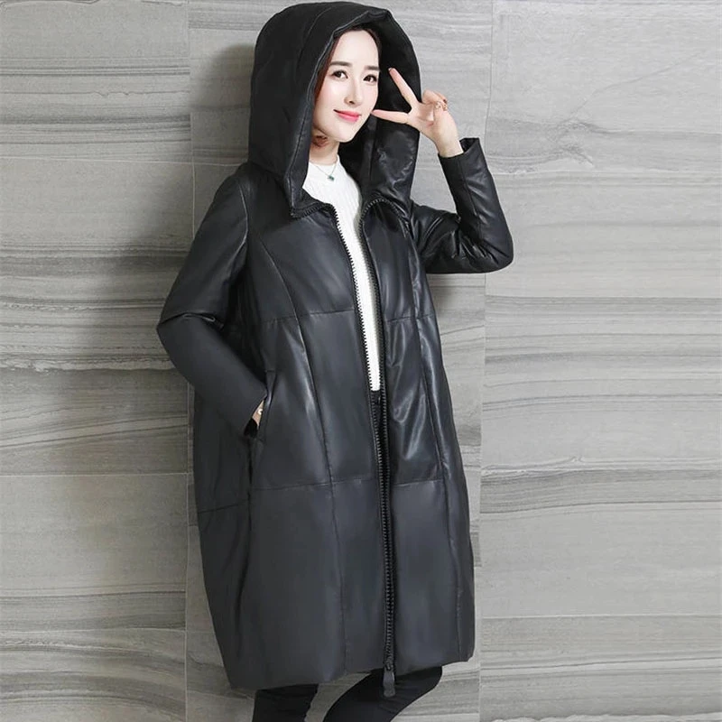 Black Winter Coats New Fashion PU Leather Jacket Women Hooded Thick Plus Cotton Middle Aged Long Padded Parkas Female Clothing