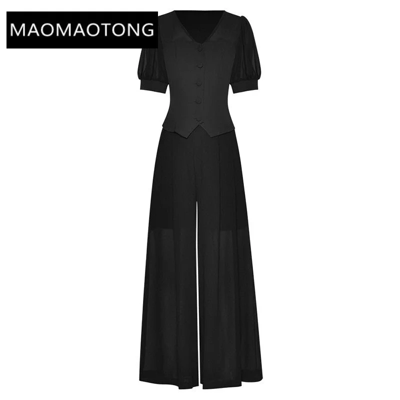 

Summer Fashion Designer Women Black Casual Trousers Suit V-Neck Lantern Sleeve Shirt + High Waist Loose Wide Leg Pants