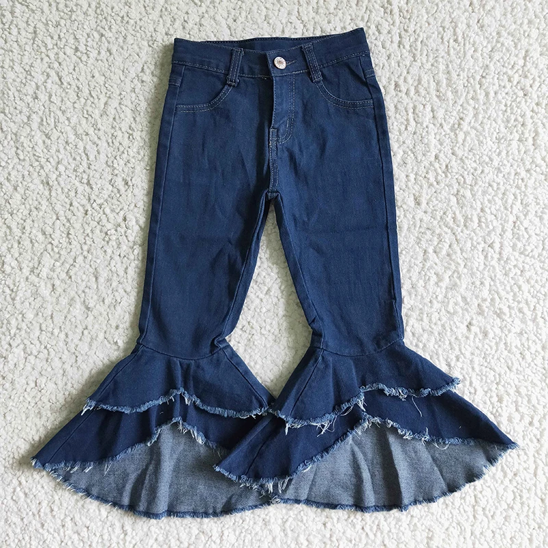 

Fashion boutique children distressed jeans blue new design flared pants bell bottom pants wholesale denim pants RTS NO MOQ