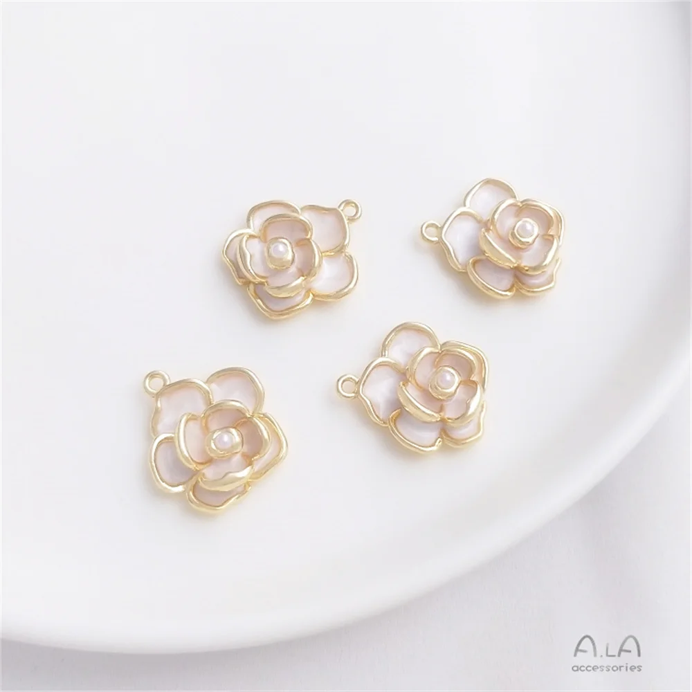 

14K gold clad painting oil camellia pendant handmade diy pearl necklace flower pendant bracelet jewelry charm