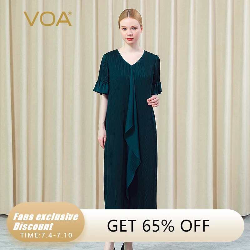 

VOA Silk Jacquard Green Elegant V-Neck Casual Female Clothing AE886 Butterfly Sleeve Original Design Summer Women's Dress 2021