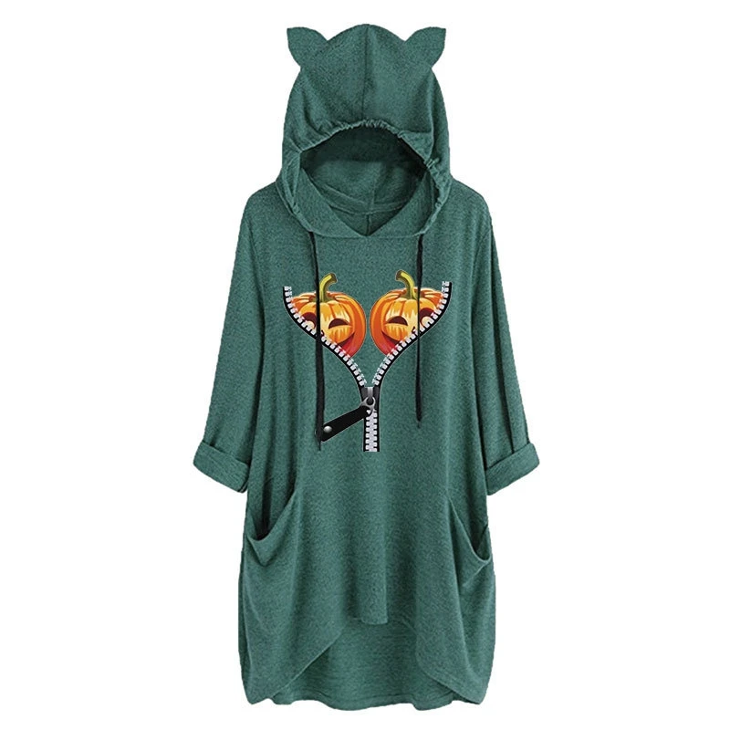 New Winter Cotton Pumpkin Zipper Fashion Cute Print Women Long Sleeve Cat Ears Casual Retro Hoodie