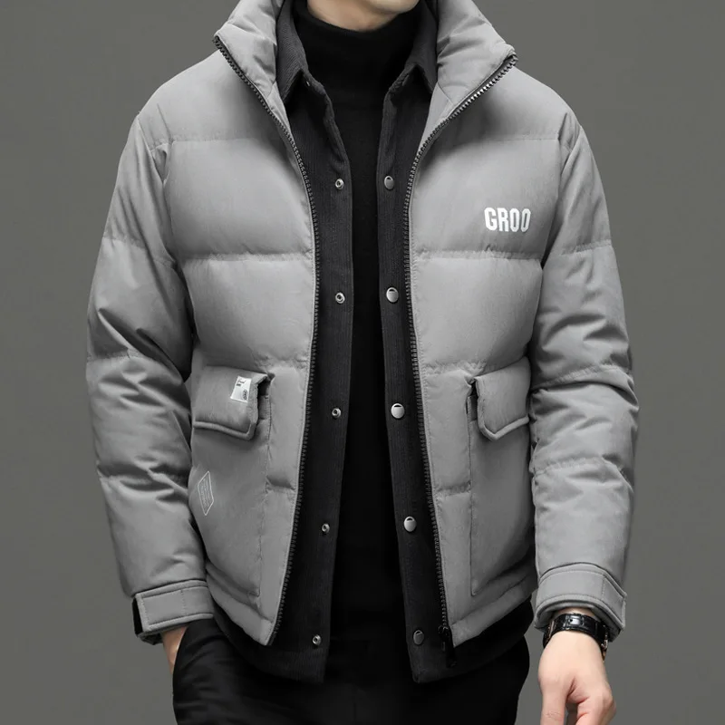 Winter High End Down Jacket Men Fake Two Thick Warm Frosted White Eiderdown Coat Korean Fashion Casual Jacket Men's Clothes