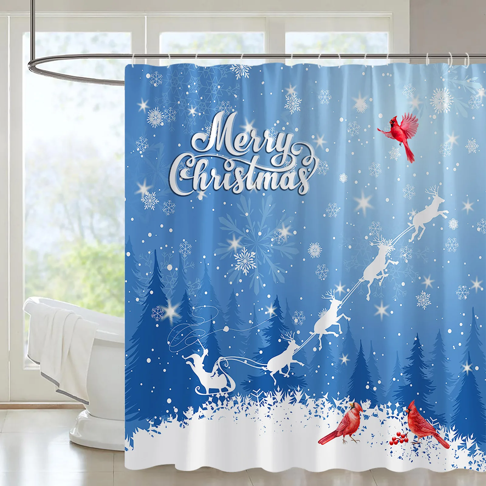 Christmas Shower Curtain Set Pine Forest Snowman Red Bird Snowflake Holiday Gift Snow Bath Decor Fabric Blue Curtains Hooks