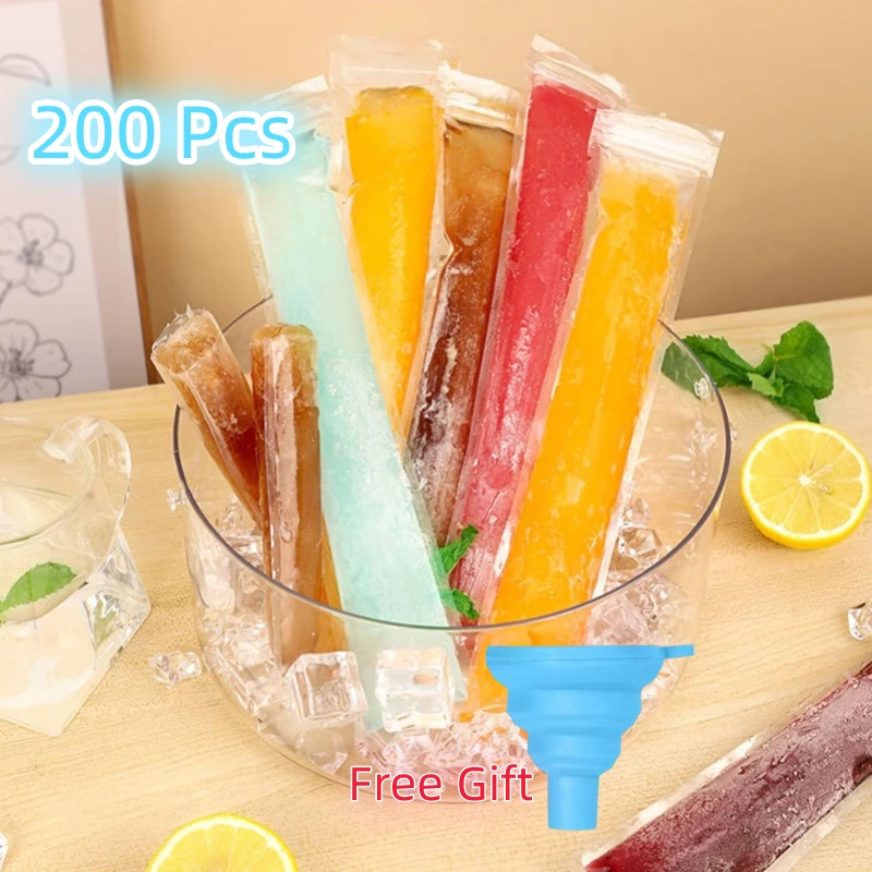 

200Pcs Disposable Ice Popsicle Mold Bags Ice Cream Sticks Freezer Tubes with Zip Seals Juice Smoothies Ice Candy Pops Bpa Free