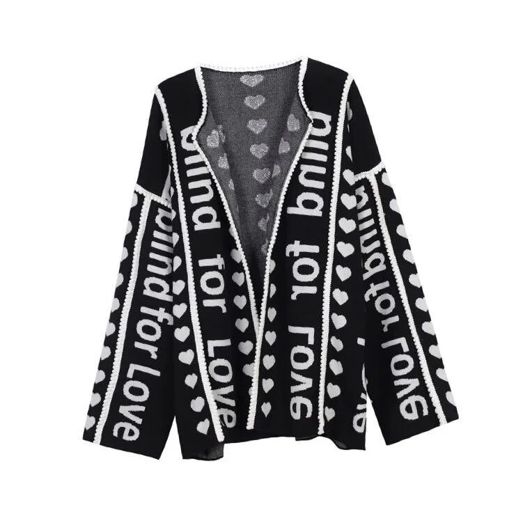 

Runway Designer Letter Black Cardigan Long Sweater Women Vintage Striped Lady Jupmer Luxury Loose Clothing Winter Chri