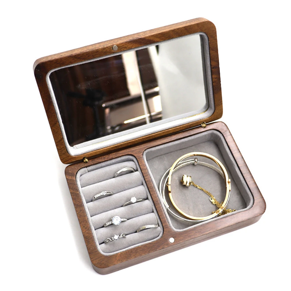 Wood Custom Wedding Valentine Walnut Proposal Engagement Ring Holder Box Packaging Earring Makeup Gift Case with Mirror
