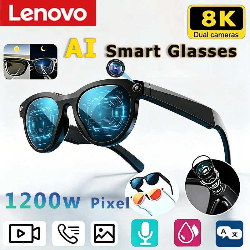 Фото Умные очки Lenovo 1200MP 8KHD AI с изменением цвета, Chat GPT, AI-переводом, камерой, Bluetooth-звонками, голосовым помощником, управлением музыкой для мужчин №1