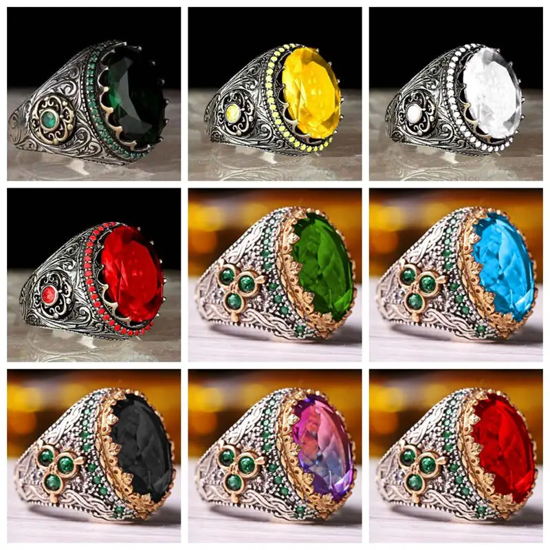 

New Bezel Inlaid Crystal Men's Luxury Ring Personality Retro Big Gemstone Ring Ethnic Turkish Style Arab Man Ring Party Jewelry