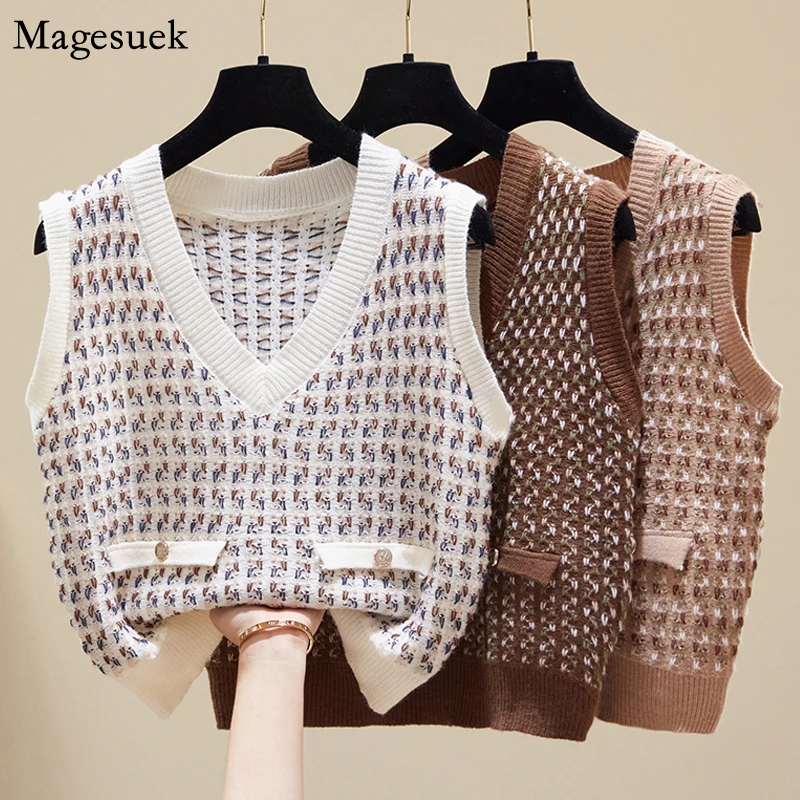 

Винтажный полосатый вязаный жилет Y2K, свободный женский свитер без рукавов, жилет, Осенний модный джемпер, свитера, полная женская одежда 23570