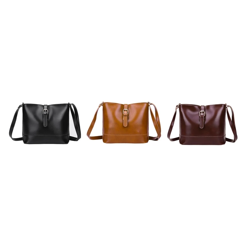 

ASDS-Korean Style Single Shoulder Diagonal Bag Solid Color Oil PU Leather Bucket Bag Outing Leisure Bag