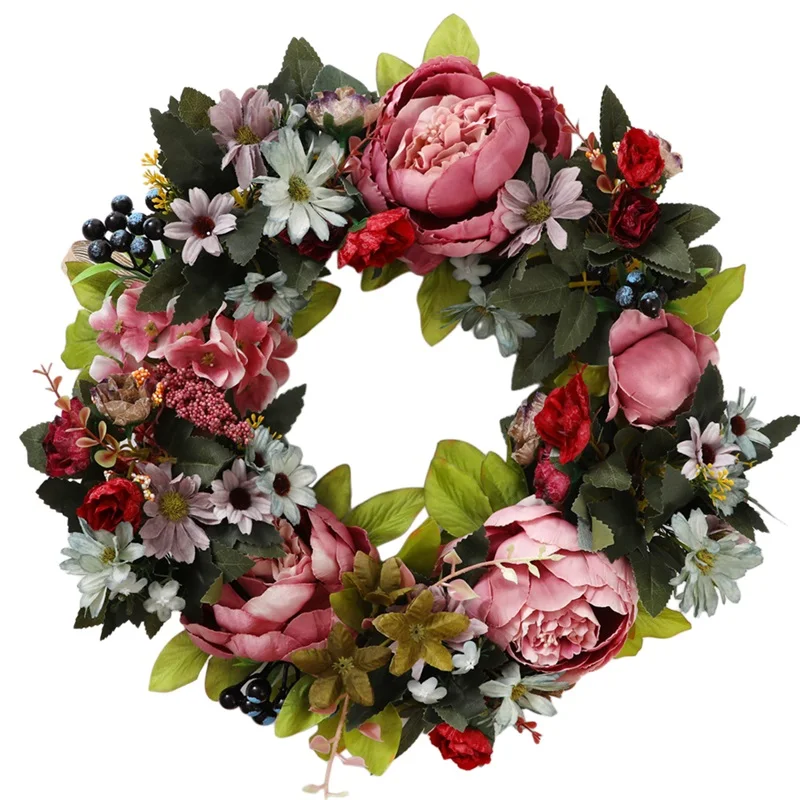 

Весенний цветочный венок с пионами, цветочный венок с зелеными листьями для украшения передней двери