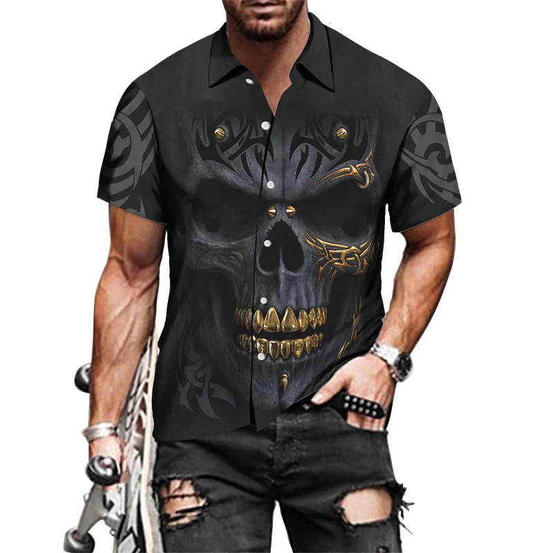 Крутая Готическая Мужская рубашка с 3D-принтом черепа на пуговицах отложным