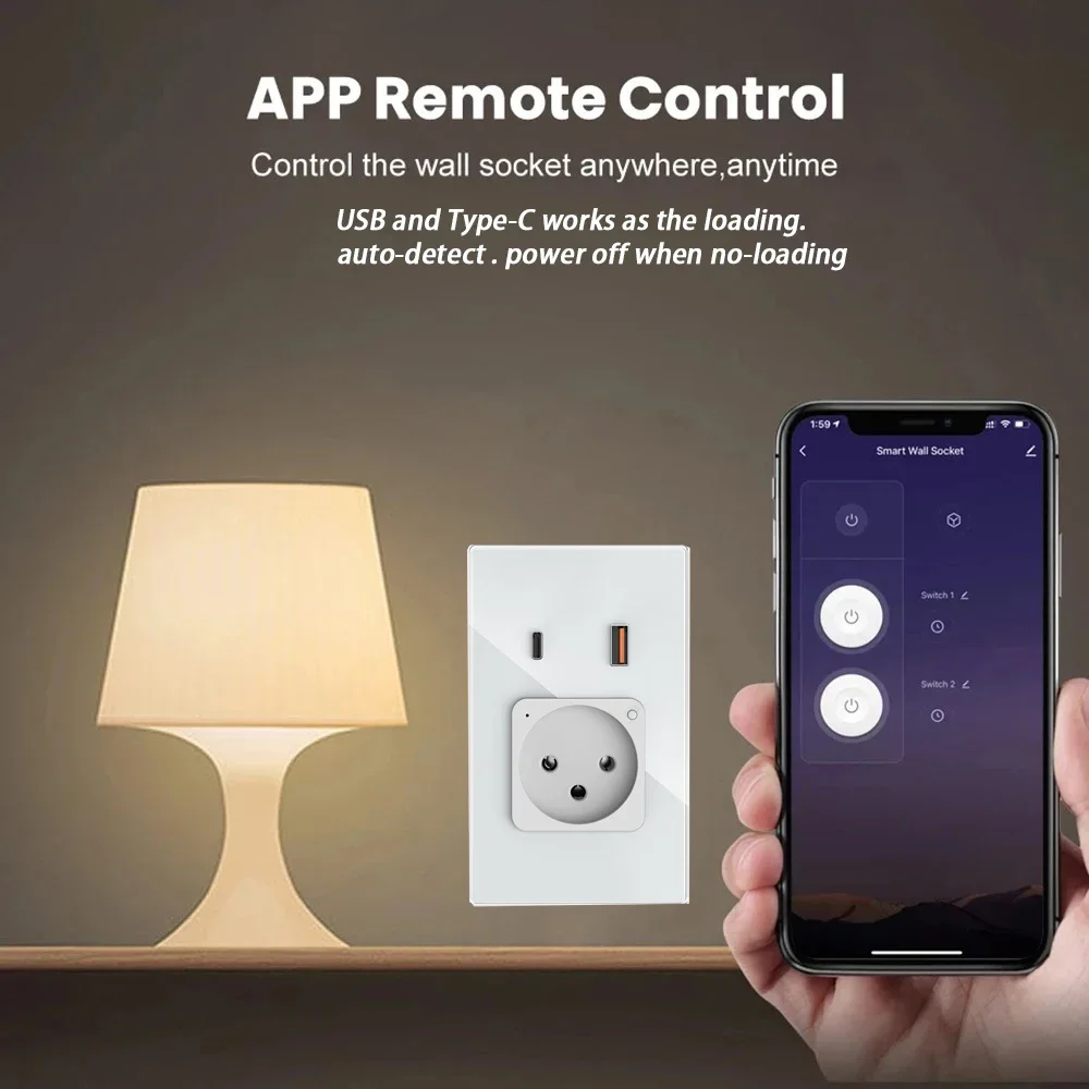 Melery Wi-Fi Smart Israel Настенная розетка USB-разъем Type-C PD 20 Вт Быстрая зарядка Стеклянная